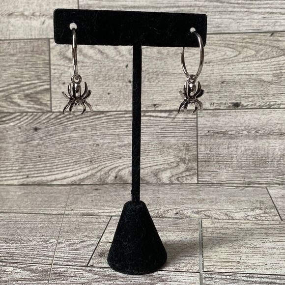 Silver Plated Spider Charm, Nickel Free, Small Hoop Earrings - Picture 4 of 7